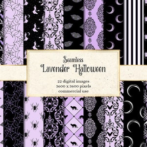 Peut inclure: Un ensemble de 22 motifs numériques sans couture en lavande et noir avec des thèmes d'Halloween comme des chauves-souris, des araignées, des lunes, des crânes et des motifs damassés. Le texte "Seamless Lavender Halloween" et "22 images numériques 3600 x 3600 pixels utilisation commerciale" est inclus dans l'image.