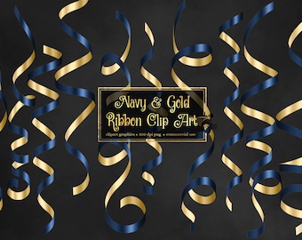 May include: Navy blue and gold curling ribbon clipart.  The ribbons are arranged in a random pattern on a black background.  The text "Navy & Gold Ribbon Clip Art" is in a gold font.