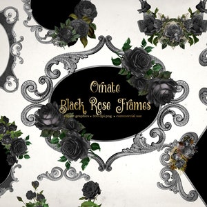 Puede incluir: Gráficos de clipart de marcos de rosas negras ornamentados. 300 dpi png. Uso comercial.