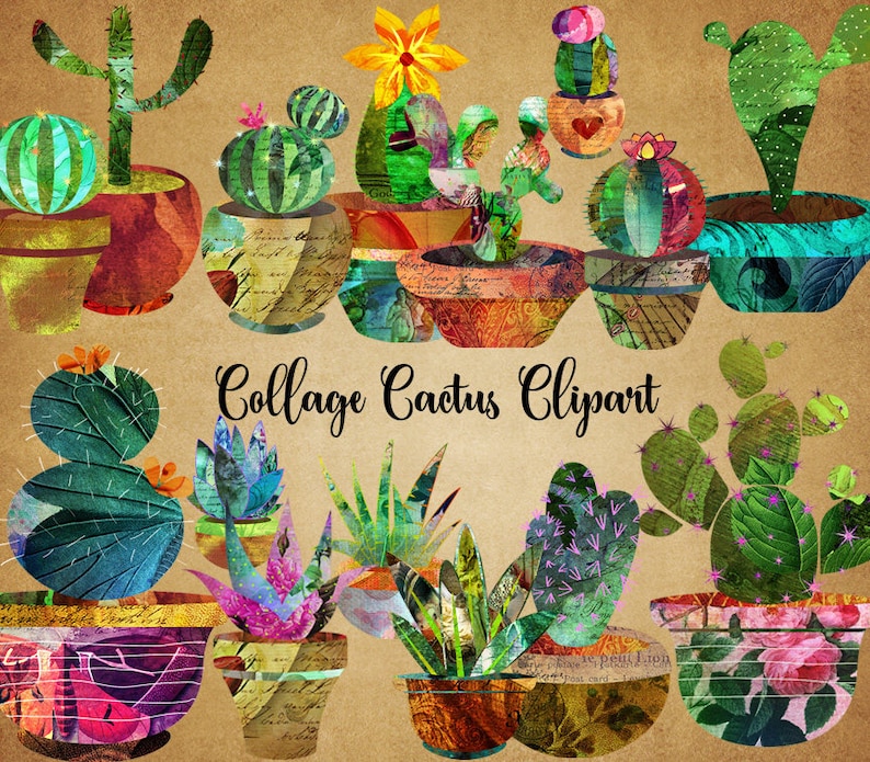 Peut inclure: Une collection de cliparts de cactus en collage color&eacute;, de formes et tailles vari&eacute;es, chacun dans des pots d&eacute;coratifs. L'image pr&eacute;sente des cactus verts, roses et oranges, avec le texte "Collage Cactus Clipart" au centre.