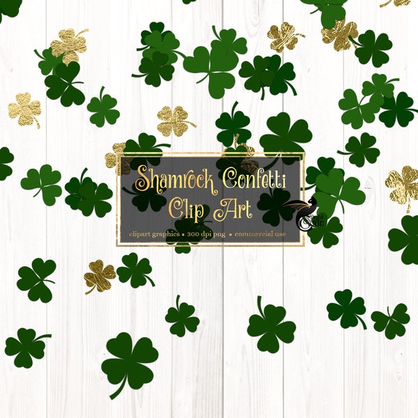 Shamrock Confetti Clipart, clover green and gold glitter png overlays, clip art glitter confetti high resolution instant download