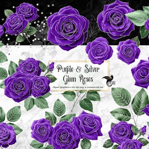 Purple and Silver Glam Rose Clip Art, digital instant download glitter flower png embellishments, blue rose, gold glitter roses