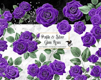 Purple Silver Glitter Rose Clip Art, PNG Embellishments (Digital Download)