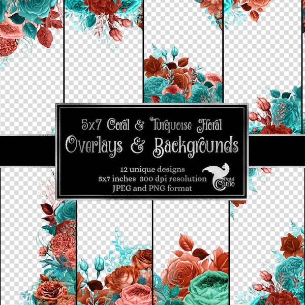 5x7 Turquoise and Coral Floral Overlays, rustic wedding flowers, invitation clipart, bridal shower clipart, aqua teal peach clip art