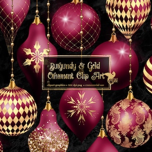 Burgundy and Gold Christmas Ornaments Clipart, digital glitter Christmas ball ornament clip art in png format for commercial use