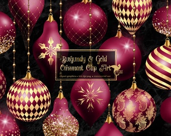 Burgundy and Gold Christmas Ornaments Clipart, digital glitter Christmas ball ornament clip art in png format for commercial use