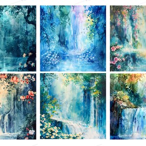 Watercolor Forest Waterfall Backgrounds, Floral Landscape (digital ...