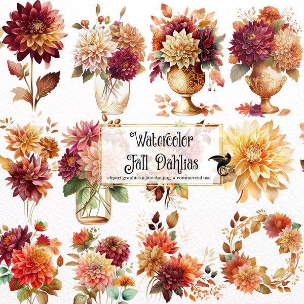 Watercolor Fall Dahlias Clipart - autumn dahlia bouquets in PNG format instant download for commercial use