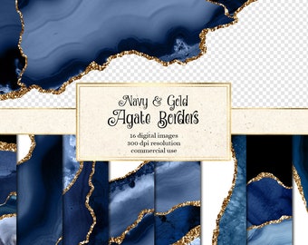 Navy and Gold Agate Borders, Watercolor Geode PNG Overlays (Digital Download)