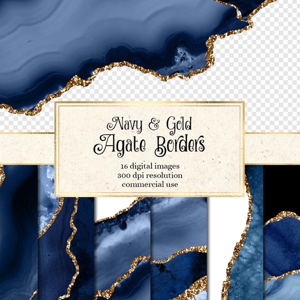 Marine et Gold Agate Borders, géode aquarelle numérique superpositions PNG avec des paillettes d'or pour un usage commercial dans l'invitation de mariage ou la conception de sites Web