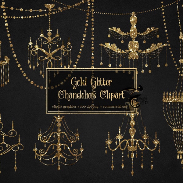 Gold Glitter Chandeliers Clipart - luxury chandeliers and gold string lights clip art instant download for commercial use