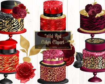 Wild Red Cakes Clipart, luxury birthday and wedding cake clip art instant download for commercial use