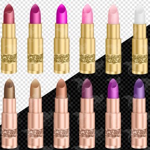 Op de afbeelding: Set van 20 gouden lippenstiftbuisjes met verschillende lippenstiftkleuren, waaronder rood, roze, paars, bruin, zwart en wit. De buisjes hebben een glinsterende gouden afwerking.