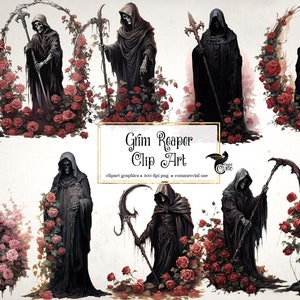 May include: A digital clip art set featuring eight different illustrations of the Grim Reaper standing in a field of red roses. The Grim Reaper is depicted in a black robe and holding a scythe. The text "Grim Reaper Clip Art" is displayed in the center of the image.