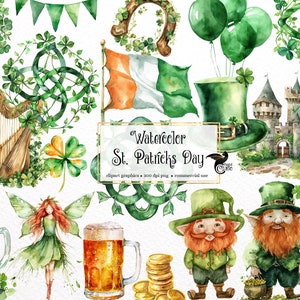 Puede incluir: Ilustraciones de acuarela de artículos con temática del Día de San Patricio, que incluyen un duende, un arpa, un bote de oro, un trébol, un sombrero verde, un castillo y un hada.