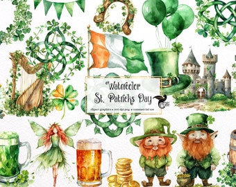 Watercolor St Patrick's Day Clipart – Irish Shamrock Graphics (PNG, Digital Download)