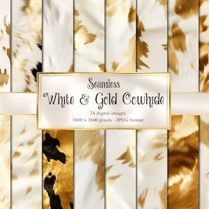 White and Gold Cowhide Digital Paper, seamless leather textures digital paper, western backgrounds, commercial use instant download