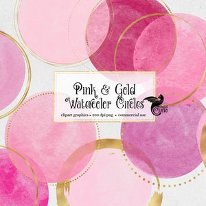 Pink and Gold Watercolor Circles - digital paint overlays, gold foil clip art transparent PNG digital overlays clipart for commercial use