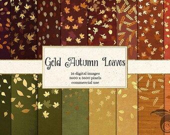 May include: A digital paper pack with 16 different patterns featuring gold leaf autumn leaves on various coloured backgrounds. The text "Gold Autumn Leaves" is displayed in a banner at the top of the image. The text "16 digital images 3600 x 3600 pixels commercial use" is displayed below the banner.