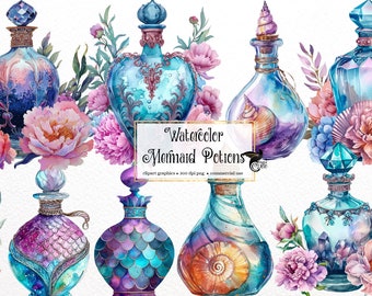 Watercolor Mermaid Potions Clipart – Fantasy PNG Graphics (Digital Download)
