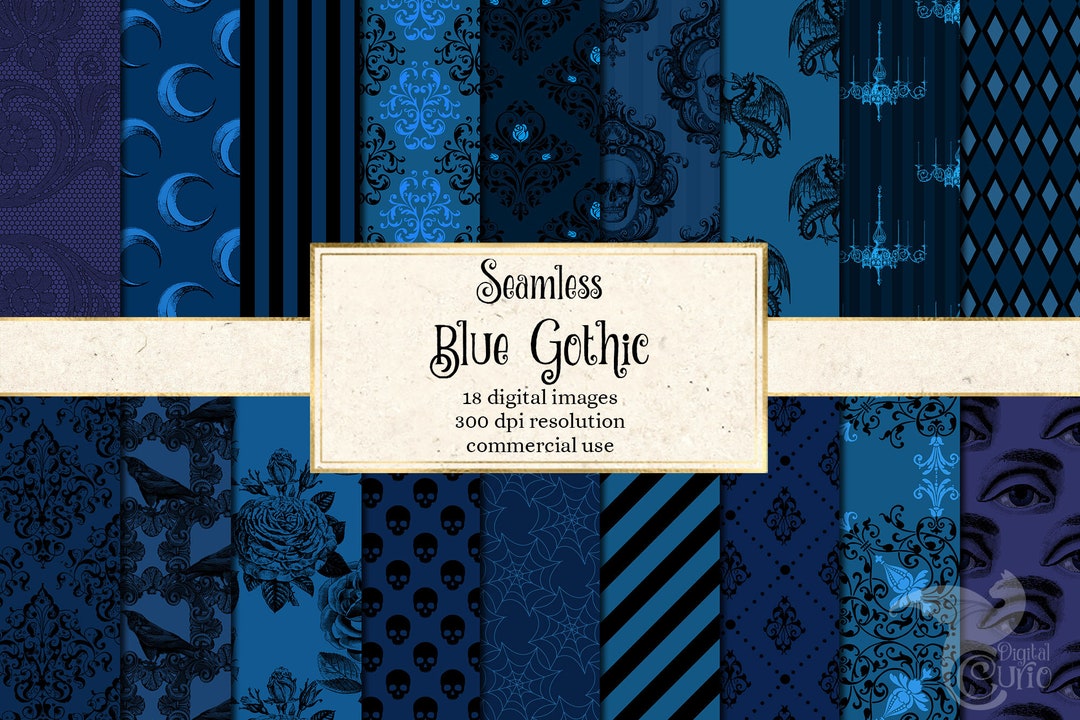 Blue Gothic Digital Paper, Seamless Skull Damask Halloween Patterns ...