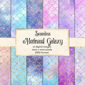 Mermaid Galaxy Digital Paper - seamless background rainbow patterns instant download for commercial use