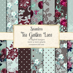 Tea Garden Lace Digital Paper, naadloze bloemmotieven rustieke bloemen bordeaux aqua bloempatronen afdrukbaar plakboekpapier