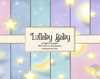 May include: A digital paper pack with 16 images of a pastel blue, pink, and purple background with white stars and moons. The text "Lullaby Baby" is in the center of the image. The text below reads "16 digital images JPG 3600 x 3600 pixels commercial use".