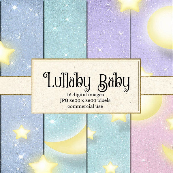 Lullaby Baby - Moon and Stars Digital Paper Pack - Pastel Celestial Night Sky Fondos para Baby Showers, Invitaciones, Uso Comercial