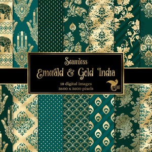 Peut inclure: Un ensemble de 18 motifs numériques sans couture représentant des motifs indiens vert émeraude et or. Les motifs comprennent des éléphants, des mains, des motifs cachemire, du damas et des motifs géométriques.