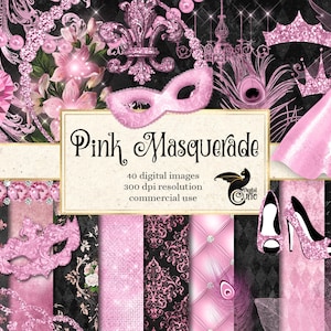 Pink Masquerade Digital Scrapbook Kit, roze en zwarte maskerade masker clipart en digitaal papier instant download commercieel gebruik