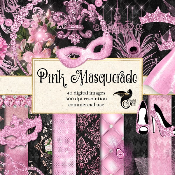 Pink Masquerade Digital Scrapbook Kit, pink and black masquerade mask clipart and digital paper instant download commercial use