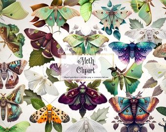 May include: A collection of 300 dpi digital clipart images of moths in various colors and patterns, including green, purple, blue, and orange. The images are perfect for crafting, scrapbooking, and other creative projects.