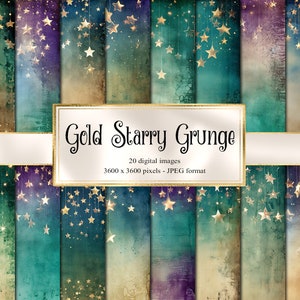Gold Starry Grunge Digital Paper, Golden starry night digitale papers, afdrukbaar plakboekpapier star magic fantasy texture pack