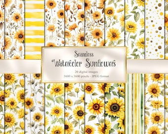 Watercolor Sunflowers Digital Paper, Seamless Fall Textures (Digital Download)