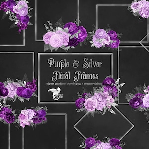 Lila und Silber Blumen Rahmen Clipart, Silber Glitzer Rahmen Clip Art digitaler sofortiger Download für kommerzielle Nutzung