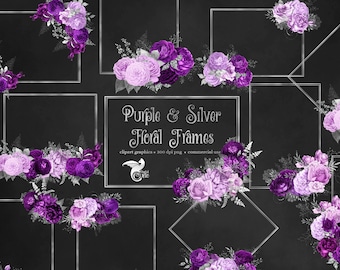Purple and Silver Floral Frames Clipart, silver glitter frame clip art digital instant download for commercial use