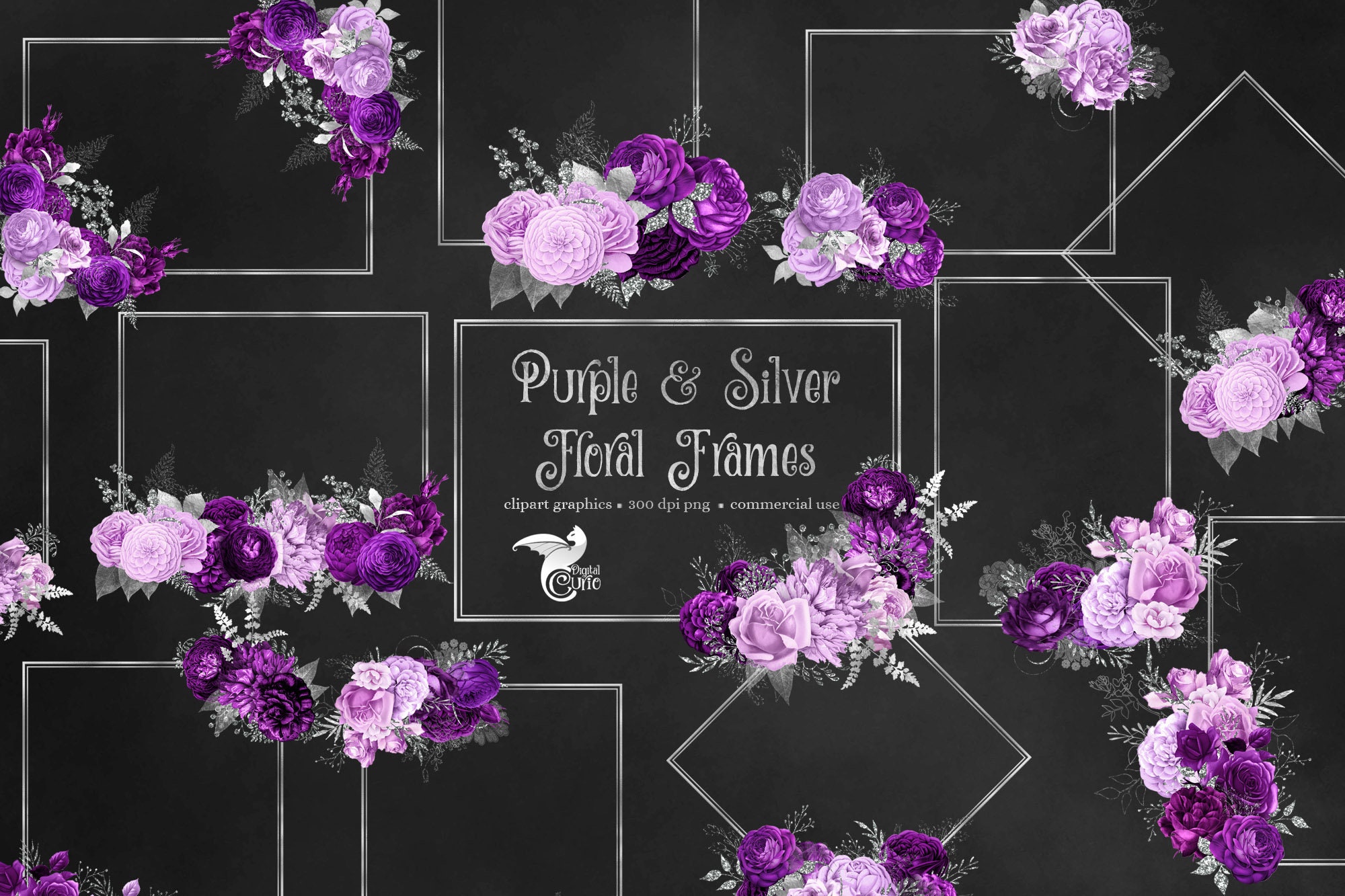 Purple and Silver Floral Frames Clipart Silver Glitter Frame - Etsy