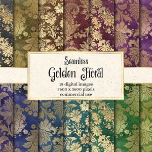 Golden Floral Digital Paper, damask gold flower patterns seamless vintage gold textures printable scrapbook paper