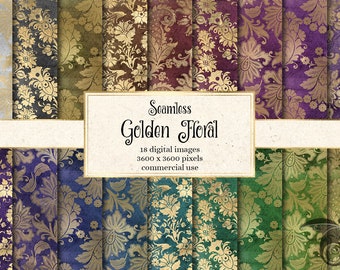 Golden Floral Digital Paper, damask gold flower patterns seamless vintage gold textures printable scrapbook paper