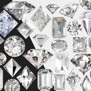 May include: A collection of 30 sparkling, clear, faceted diamonds in various shapes, including round, square, heart, and emerald cut. The diamonds are arranged in a random pattern on a transparent background.