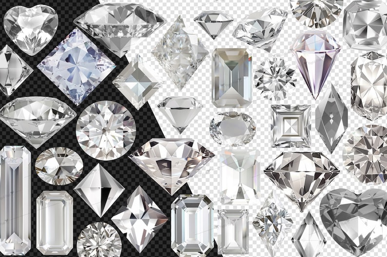 May include: A collection of 30 sparkling, clear, faceted diamonds in various shapes, including round, square, heart, and emerald cut. The diamonds are arranged in a random pattern on a transparent background.