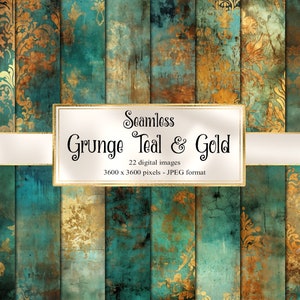 Grunge Teal en Gold Digital Paper, naadloze texturen, rustieke vintage achtergronden, tegelbare instant download