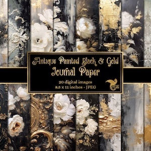 Antique Black and Gold Painted Journal Paper, digital paper rococo junk journal pages printable 8.5x11 inch A4 paper instant download