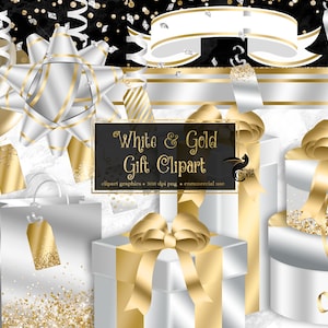 White and Gold Gift Clipart - glam birthday or Christmas present gift box png clip art graphics instant download for commercial use