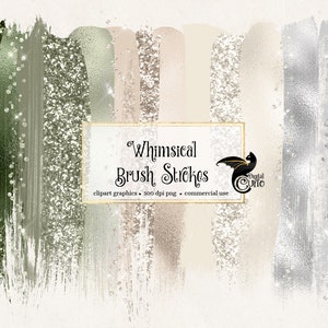 Whimsical Brush Strokes Clipart, with champagne gold glitter and green foil in digital PNG format instant download for commercial use