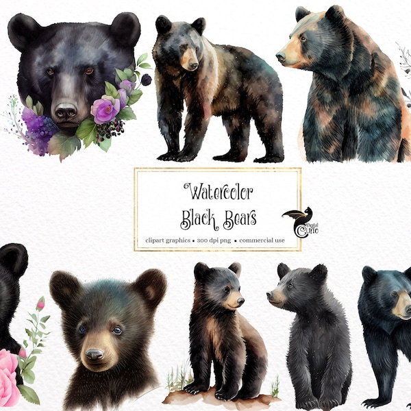 Watercolor Black Bears Clipart - cute floral bears, forest animals PNG format instant download for commercial use