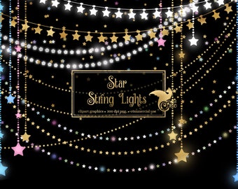 Star String Lights Clipart - fairy lights with glowing stars in PNG format instant download for commercial use