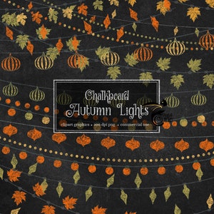 Chalkboard Fall String Lights Clip Art - autumn chalk clipart, string of lights, leaf lights, blackboard clipart, back to school autumn png