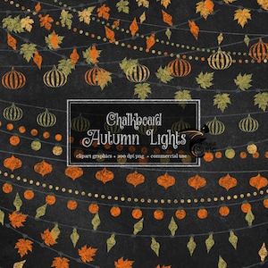 May include: Chalkboard-style graphic with autumn-themed string lights. The design features orange, yellow, and green leaf and pumpkin shapes, along with the text "Chalkboard Autumn Lights". The background is a dark, textured surface.